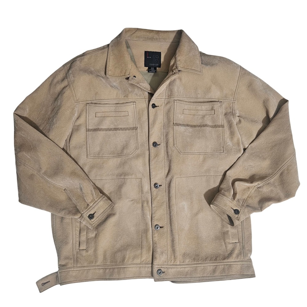 Godbody Mens Faux Leather Trucker Jacket Tan XXL Distressed Vintage Style PVC